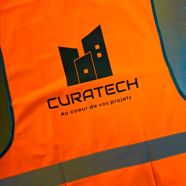 Gilet de sécurité R200 orange fluo personnalisé au dos avec le logo et le slogan de l'entreprise Curatech