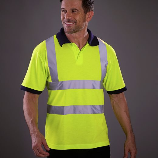 Polo haute visibilité jaune fluo HVJ210 à col et poignets bleu marine, 4 bandes réfléchissantes 3M