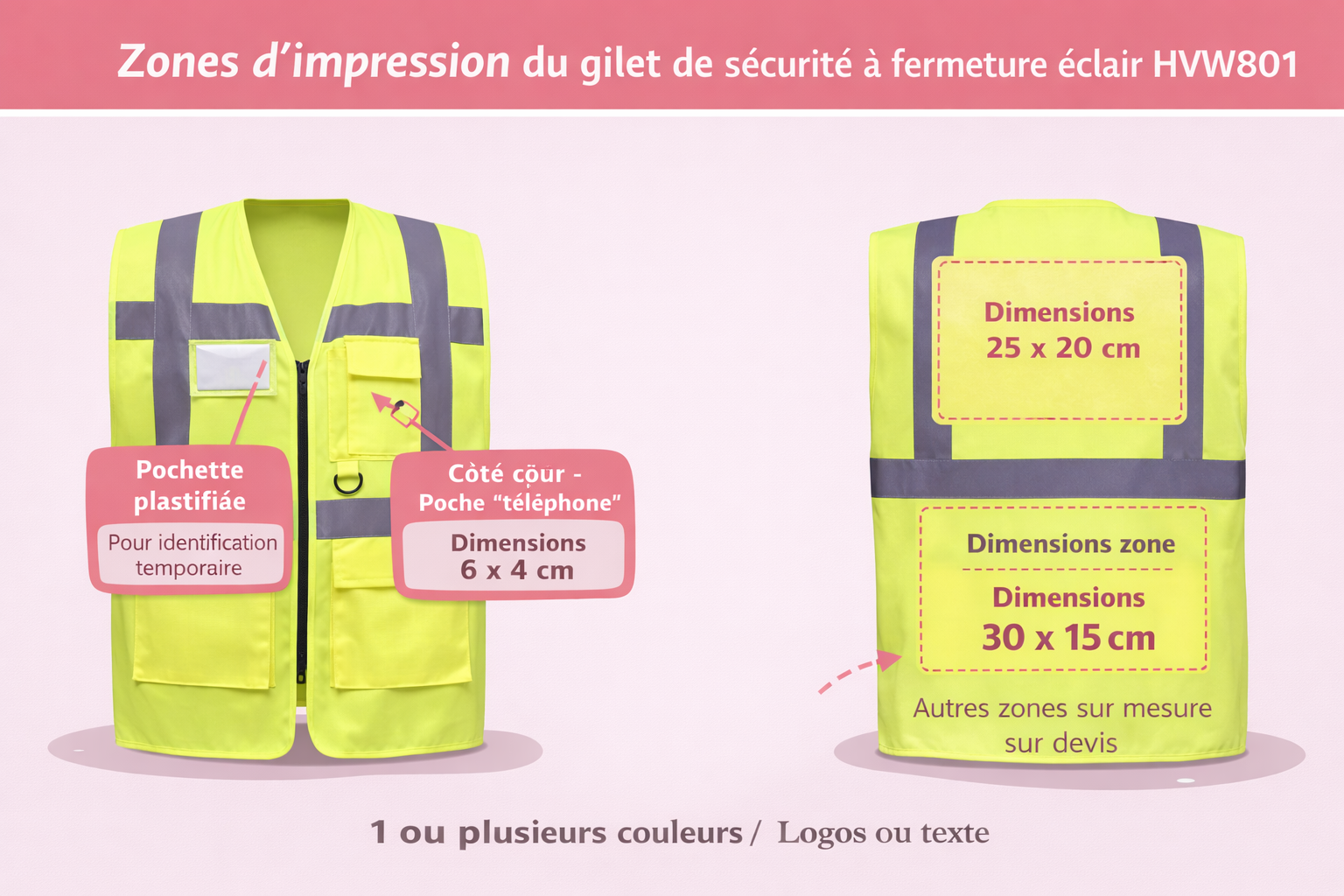 Zone d'impression du gilet de sécurité à fermeture eclair bleu royal