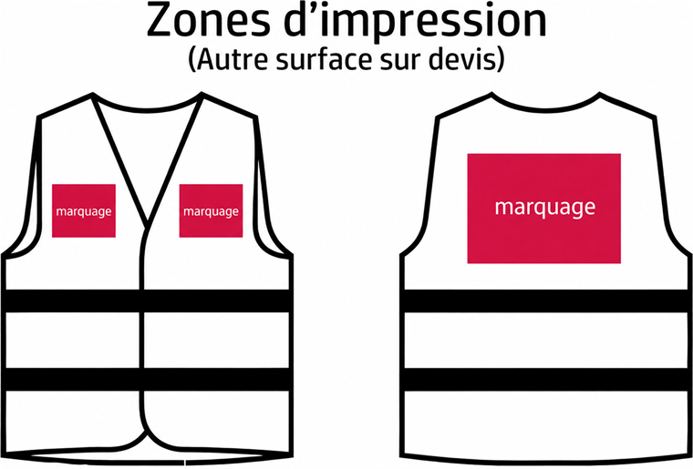 Zones d'impression sur un gilet de sécurité enfant : marquage cœur, poitrine et dos