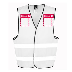 Zones de personnalisation à l'avant du gilet de sécurité R200 blanc : cœur gauche et cœur droit, 12 x 12 cm