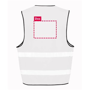 Dos du gilet de sécurité R200 blanc personnalisable : zone d'impression du logo ou du texte de 26 x 20 cm, au-dessus des 2 bandes réfléchissantes