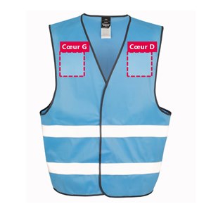 Zones de personnalisation à l'avant du gilet de sécurité R200 bleu ciel : cœur gauche et cœur droit, 12 x 12 cm