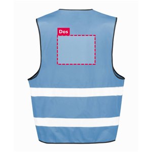 Dos du gilet de sécurité R200 bleu ciel personnalisable : zone d'impression du logo ou du texte de 26 x 20 cm, au-dessus des 2 bandes réfléchissantes
