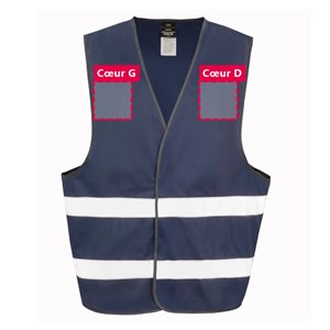 Marquage avant du gilet R200 bleu marine Zones de personnalisation à l'avant du gilet de sécurité R200 bleu marine : cœur gauche et cœur droit, 12 x 12 cm