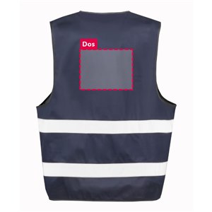 Zone de marquage dos 26 x 20 cm du gilet R200 bleu marine personnalisé Dos du gilet de sécurité R200 bleu marine personnalisable : zone d'impression du logo ou du texte de 26 x 20 cm, au-dessus des 2 bandes réfléchissantes