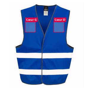 Zones de personnalisation à l'avant du gilet de sécurité R200 bleu royal : cœur gauche et cœur droit, 12 x 12 cm