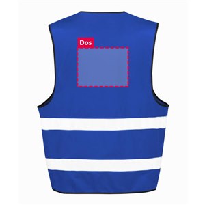 Dos du gilet de sécurité R200 bleu royal personnalisable : zone d'impression du logo ou du texte de 26 x 20 cm, au-dessus des 2 bandes réfléchissantes