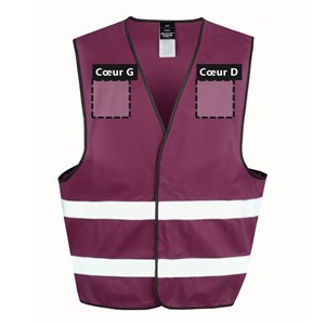 Zones de personnalisation à l'avant du gilet de sécurité R200 bordeaux : cœur gauche et cœur droit, 12 x 12 cm