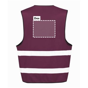 Dos du gilet de sécurité R200 bordeaux personnalisable : zone d'impression du logo ou du texte de 26 x 20 cm, au-dessus des 2 bandes réfléchissantes