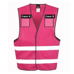 Marquage avant du gilet R200 framboise Zones de personnalisation à l'avant du gilet de sécurité R200 framboise : cœur gauche et cœur droit, 12 x 12 cm