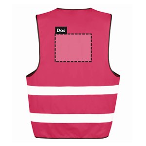 Zone de marquage dos 26 x 20 cm du gilet R200 framboise personnalisé Dos du gilet de sécurité R200 framboise personnalisable : zone d'impression du logo ou du texte de 26 x 20 cm, au-dessus des 2 bandes réfléchissantes