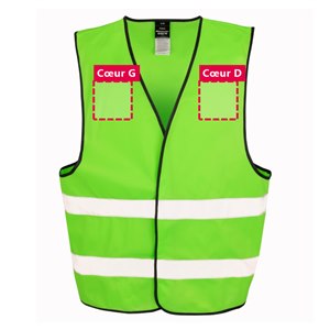 Marquage avant du gilet R200 vert lime Zones de personnalisation à l'avant du gilet de sécurité R200 vert lime : cœur gauche et cœur droit, 12 x 12 cm