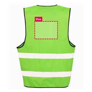 Zone de marquage dos 26 x 20 cm du gilet R200 vert lime personnalisé Dos du gilet de sécurité R200 vert lime personnalisable : zone d'impression du logo ou du texte de 26 x 20 cm, au-dessus des 2 bandes réfléchissantes