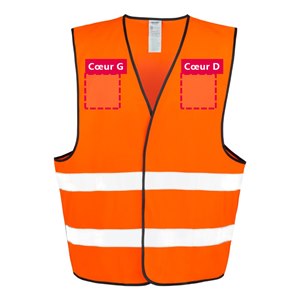 Zones de personnalisation à l'avant du gilet de sécurité R200 orange : cœur gauche et cœur droit, 12 x 12 cm