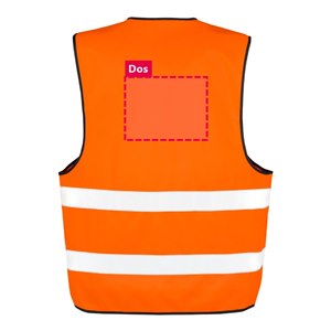 Dos du gilet de sécurité R200 orange fluo personnalisable : zone d'impression du logo ou du texte de 26 x 20 cm, au-dessus des 2 bandes réfléchissantes