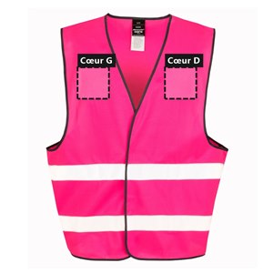 Zones de personnalisation à l'avant du gilet de sécurité R200 rose : cœur gauche et cœur droit, 12 x 12 cm