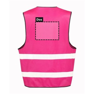 Dos du gilet de sécurité R200 rose personnalisable : zone d'impression du logo ou du texte de 26 x 20 cm, au-dessus des 2 bandes réfléchissantes
