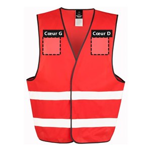 Marquage avant du gilet R200 rouge Zones de personnalisation à l'avant du gilet de sécurité R200 rouge : cœur gauche et cœur droit, 12 x 12 cm