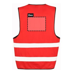 Zone de marquage dos 26 x 20 cm du gilet R200 rouge personnalisé Dos du gilet de sécurité R200 rouge personnalisable : zone d'impression du logo ou du texte de 26 x 20 cm, au-dessus des 2 bandes réfléchissantes