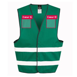 Zones de personnalisation à l'avant du gilet de sécurité R200 vert foncé : cœur gauche et cœur droit, 12 x 12 cm