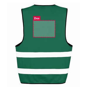 Dos du gilet de sécurité R200 vert foncé personnalisable : zone d'impression du logo ou du texte de 26 x 20 cm, au-dessus des 2 bandes réfléchissantes