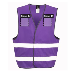 Marquage avant du gilet R200 violet Zones de personnalisation à l'avant du gilet de sécurité R200 violet : cœur gauche et cœur droit, 12 x 12 cm