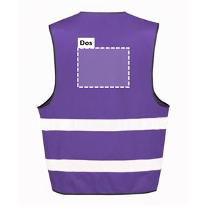 Zone de marquage dos 26 x 20 cm du gilet R200 violet personnalisé Dos du gilet de sécurité R200 violet personnalisable : zone d'impression du logo ou du texte de 26 x 20 cm, au-dessus des 2 bandes réfléchissantes