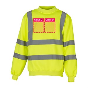 Zones de personnalisation à l'avant du sweat haute visibilité jaune HVJ510 : cœur gauche et cœur droit, 10 x 10 cm