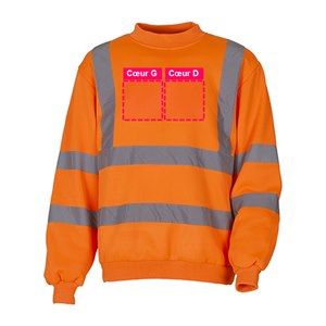 Zones de personnalisation à l'avant du sweat haute visibilité orange HVJ510 : cœur gauche et cœur droit, 10 x 10 cm