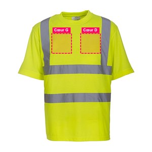 Zones de personnalisation à l'avant du tee-shirt haute visibilité jaune HVJ410 : cœur gauche et cœur droit, 10 x 10 cm