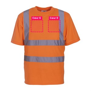 Zones de personnalisation à l'avant du tee-shirt haute visibilité orange HVJ410 : cœur gauche et cœur droit, 10 x 10 cm
